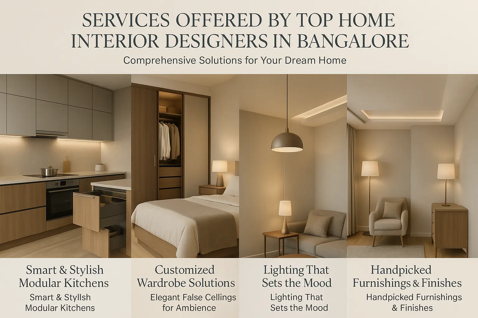 Comprehensive home interior design services in Bangalore – Modular kitchen, wardrobe, lighting, false ceiling, and furniture selection by top interior designers