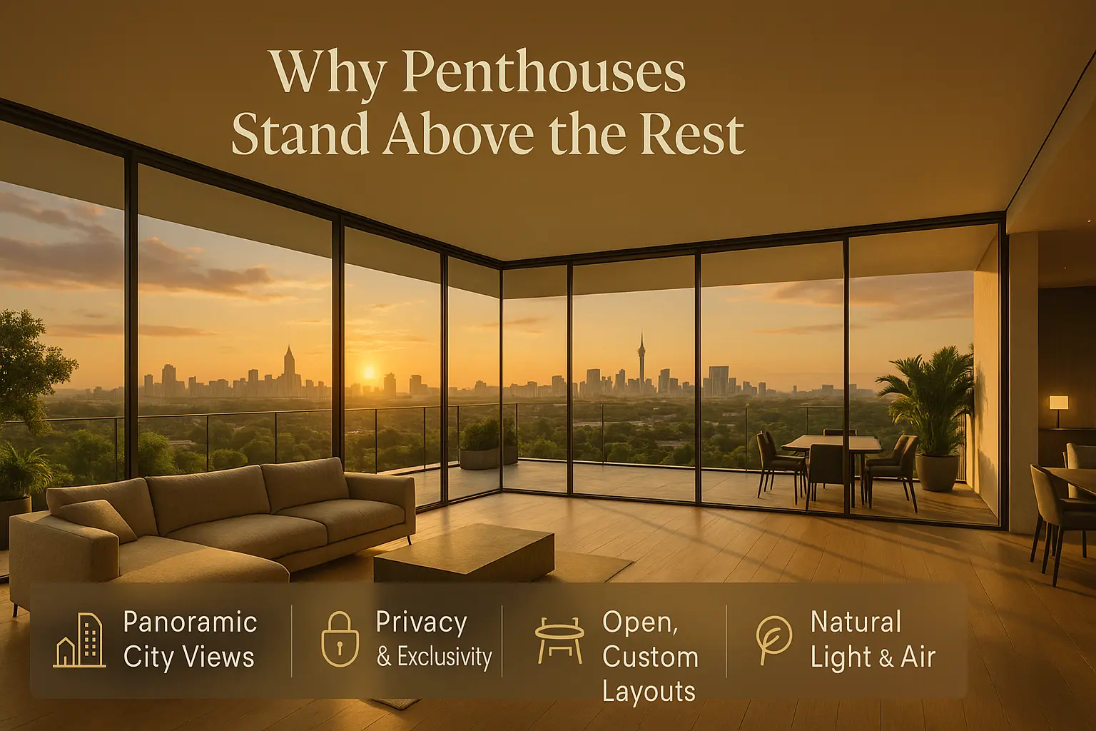 Luxury Bangalore penthouse with panoramic skyline view, open layout, and natural light