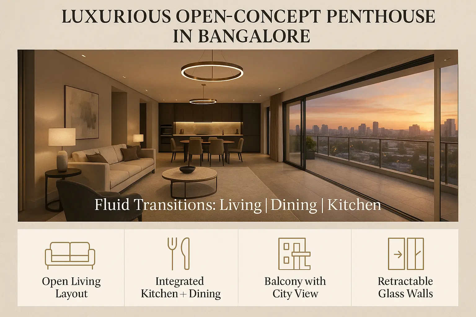 Open concept luxury penthouse design Bangalore with retractable glass walls and skyline view
