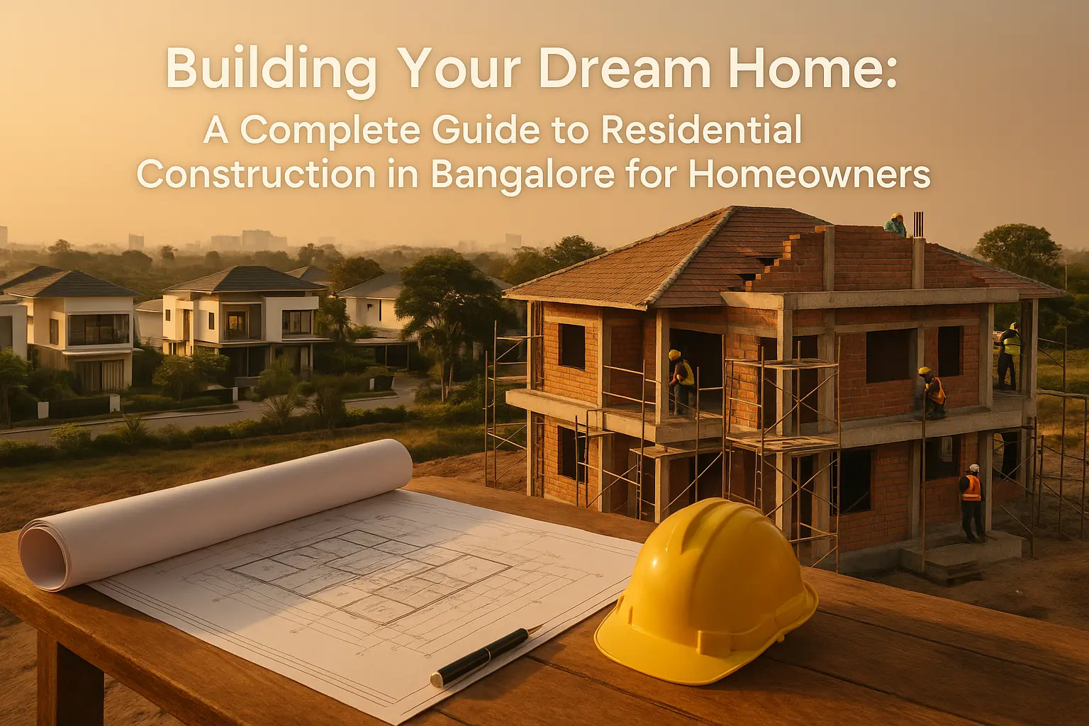 Residential construction in Bangalore – modern home under construction with architectural blueprints, ideal for homeowners planning to build a dream house.